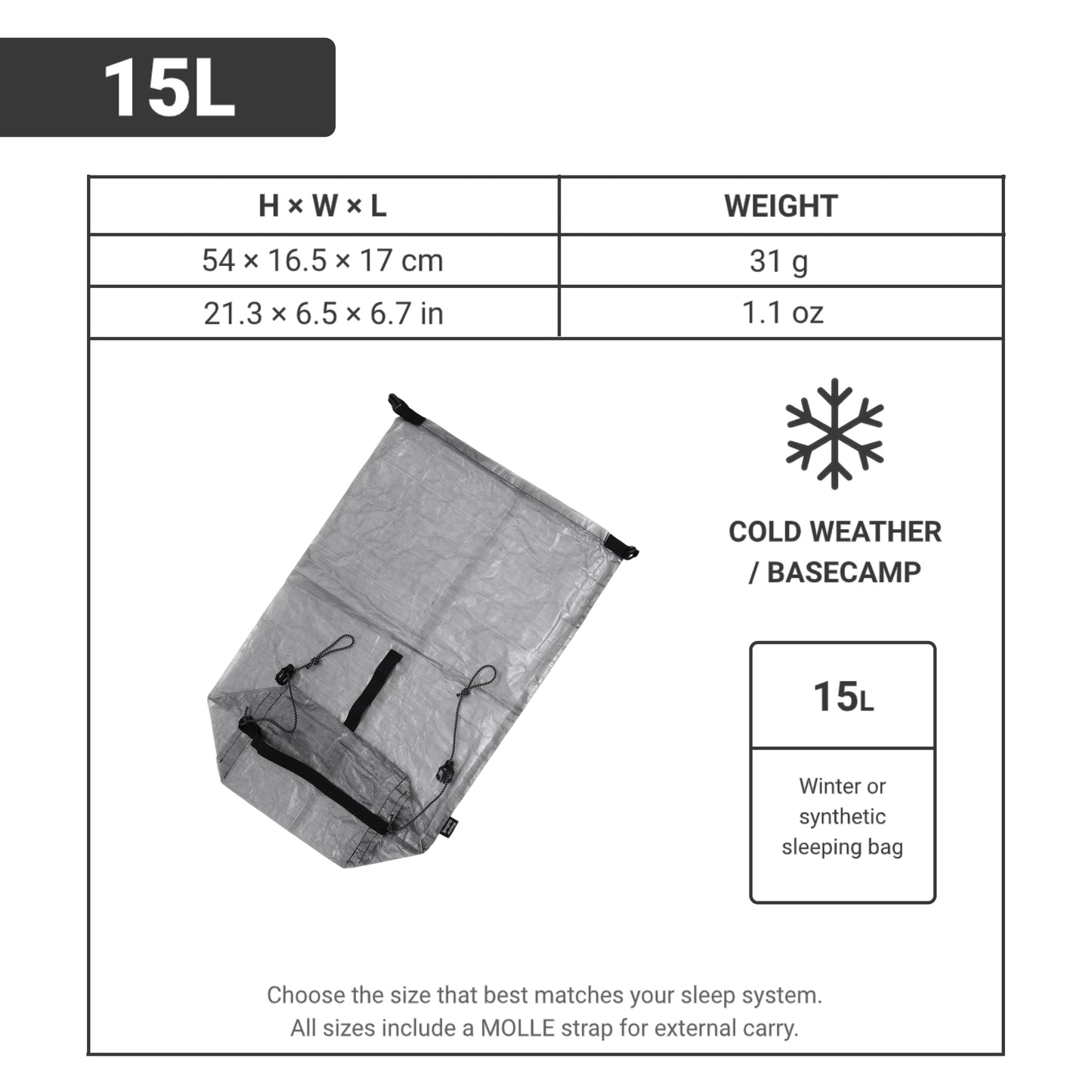 15L Dyneema DCF compression sack specs – winter sleeping bag capacity