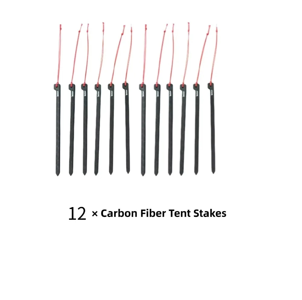 Ultralight carbon fiber tent stakes set, 12 pieces, black with red cords, HODRGEAR hiking gear