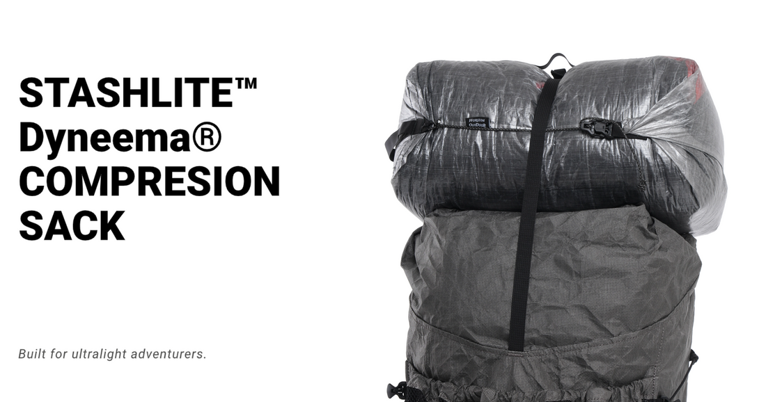 HODRGEAR's gray Dyneema compression sack attached to backpack, ultralight design