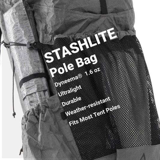 HODRGEAR StashLite Pole Bag 1.6oz attached to backpack with mesh pocket
