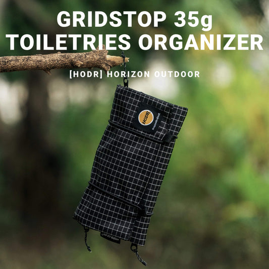 HODRGEAR gridstop toiletries organizer with folded dimensions and 35 g weight callout