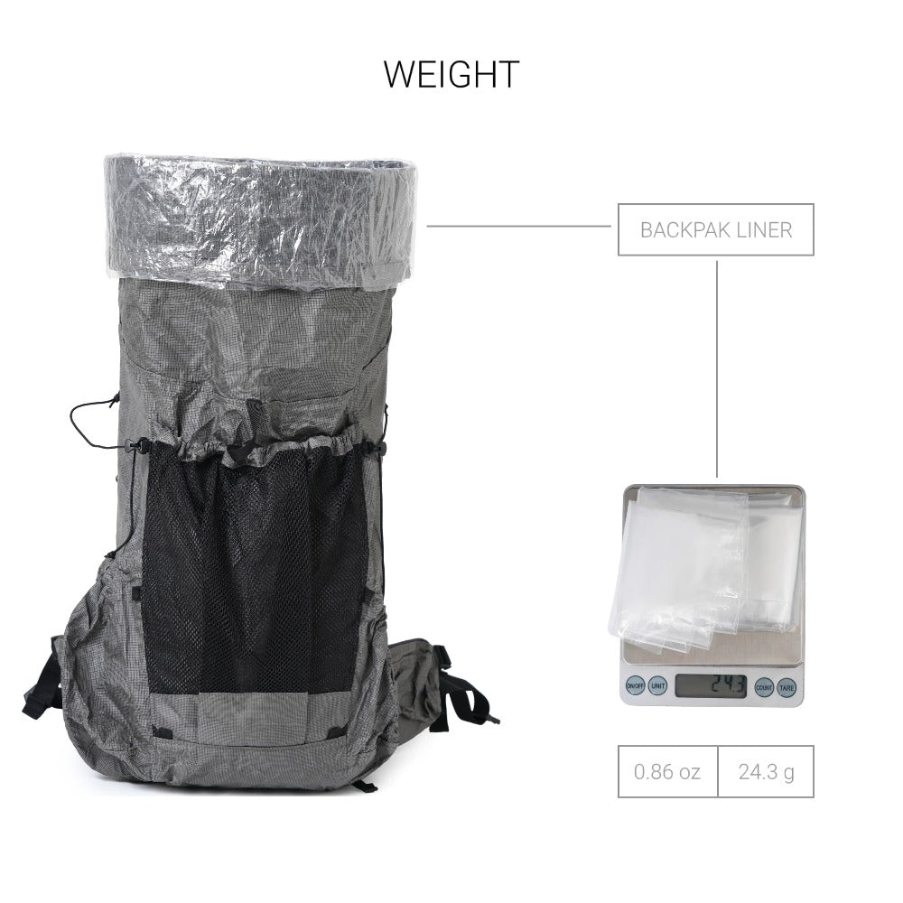 Backpack with polycro liner next to a digital scale showing the liner weight around 24 g