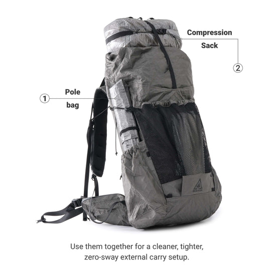 HODRGEAR StashLite Pole Bag mounted on hiking backpack