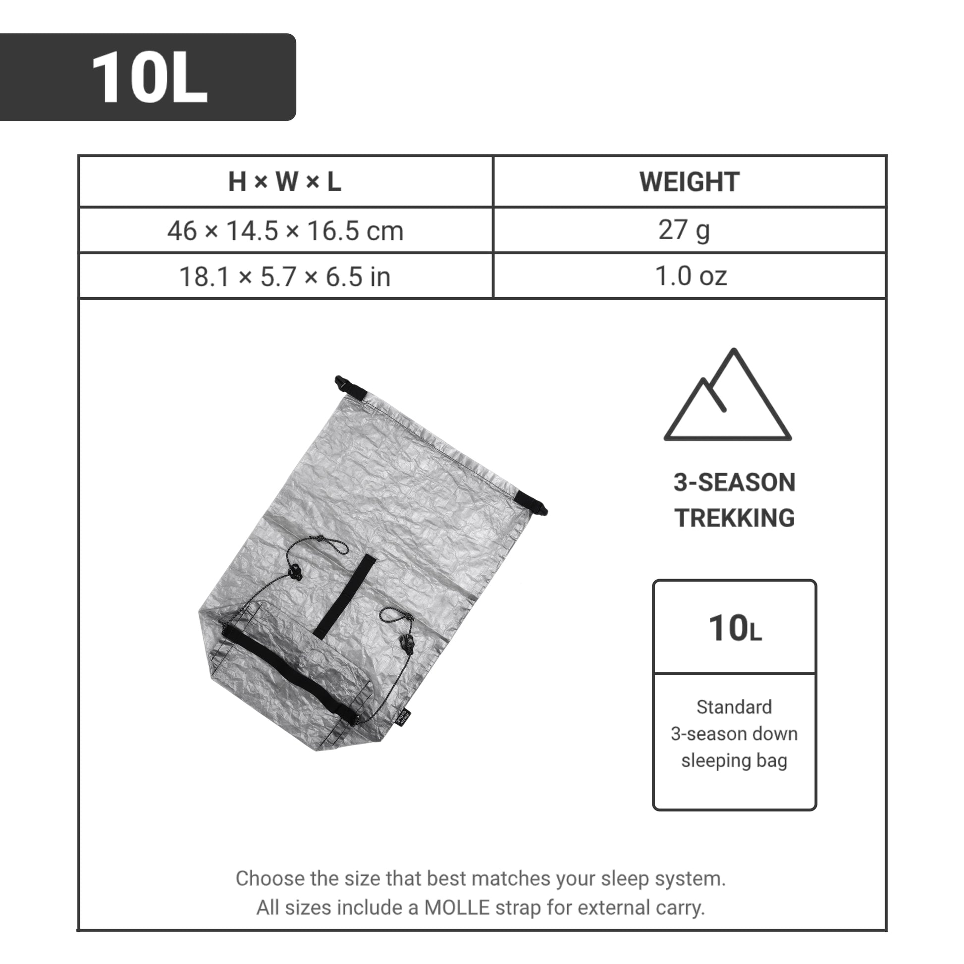 10L Dyneema compression stuff sack size chart – standard sleeping bag storage