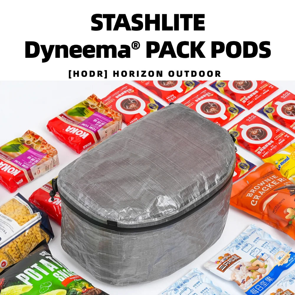 Stashlite Dyneema Pack Pods with various food packets on a white background