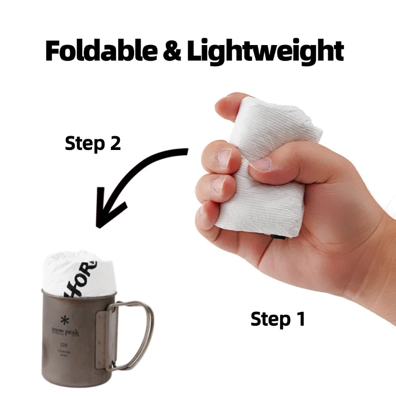 Hand holding white foldable Tyvek insulated pouch for container placement, HODRGEAR