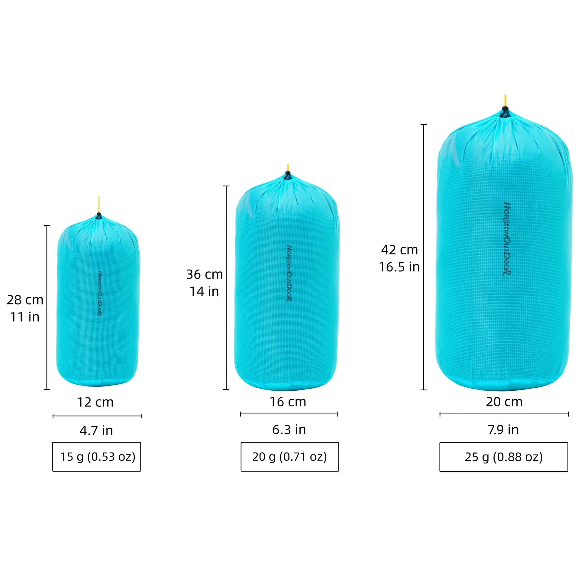 Silnylon stuff sack size comparison chart showing S 3L M 7L and L 13L bags with dimensions and weight