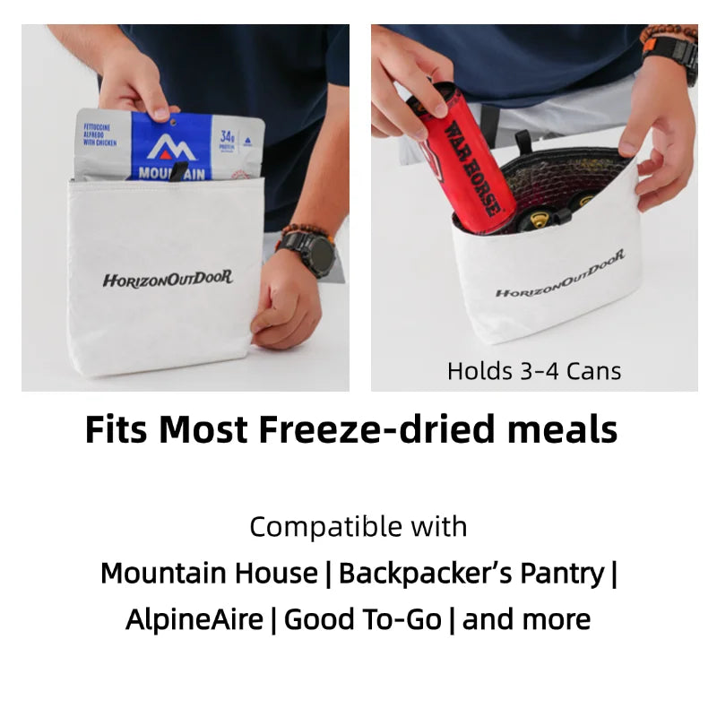Pouch holding freeze-dried meal and canned goods, HODRGEAR insulated design