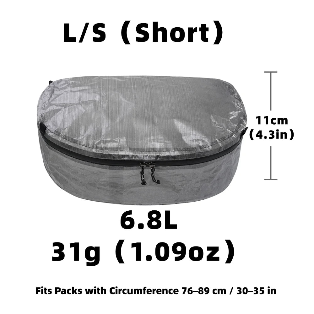 Gray packing cube with dimensions and weight information on a white background