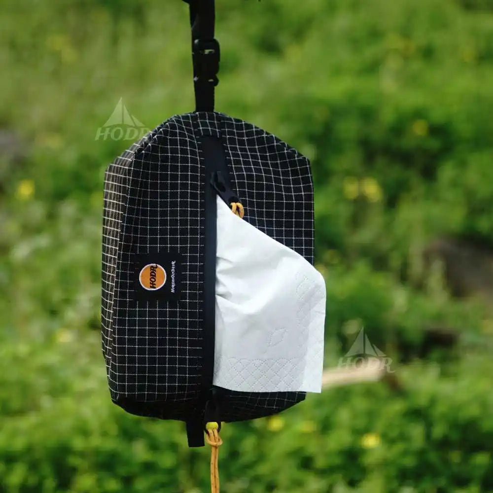 HODRGEAR black grid zip pouch with white tissue, ultralight hiking accessory