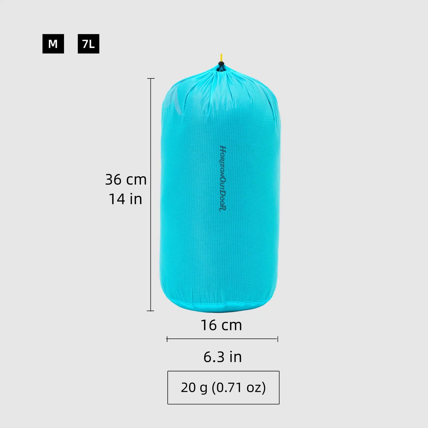 Silnylon ultralight stuff sack size M 7L with 16×36 cm dimensions and 20 g weight displayed