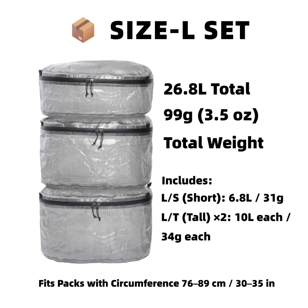 Set of three clear packing cubes with text detailing size, weight, and dimensions on a white background.