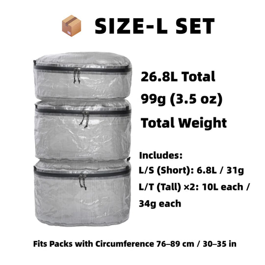 Set of three clear packing cubes with text detailing size, weight, and dimensions on a white background.