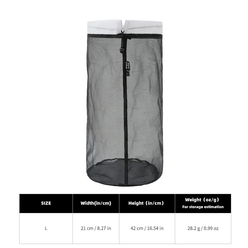 HODRGEAR L size ultralight mesh storage bag with white top, specifications