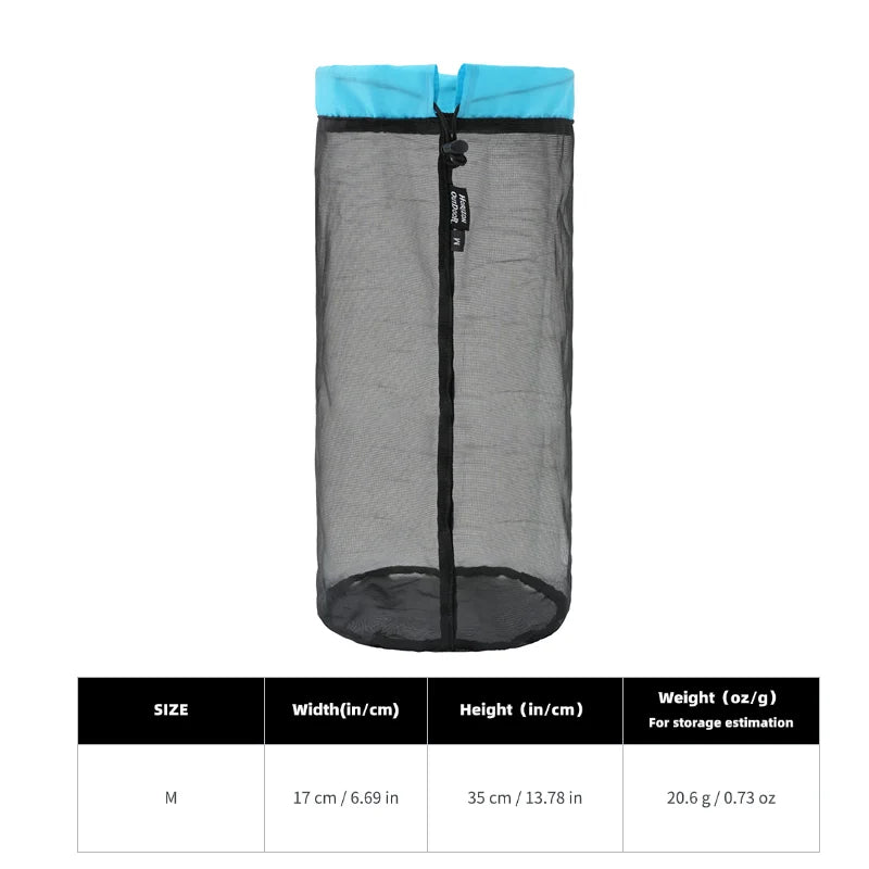 HODRGEAR M size ultralight mesh storage bag with blue top, specifications