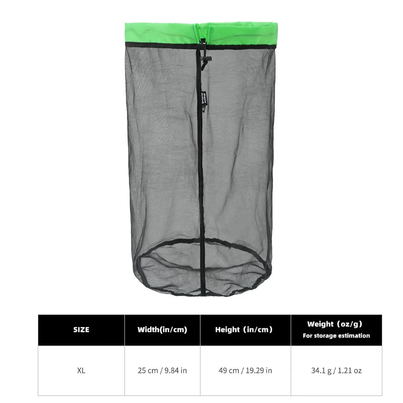 HODRGEAR XL mesh storage bag with green top trim, black zipper