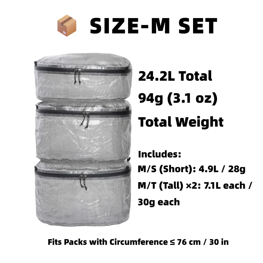 Set of three gray packing cubes with size and weight information on a white background