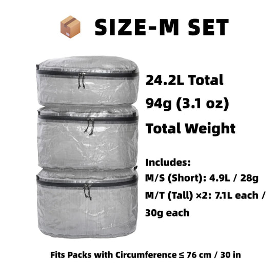 Set of three gray packing cubes with size and weight information on a white background