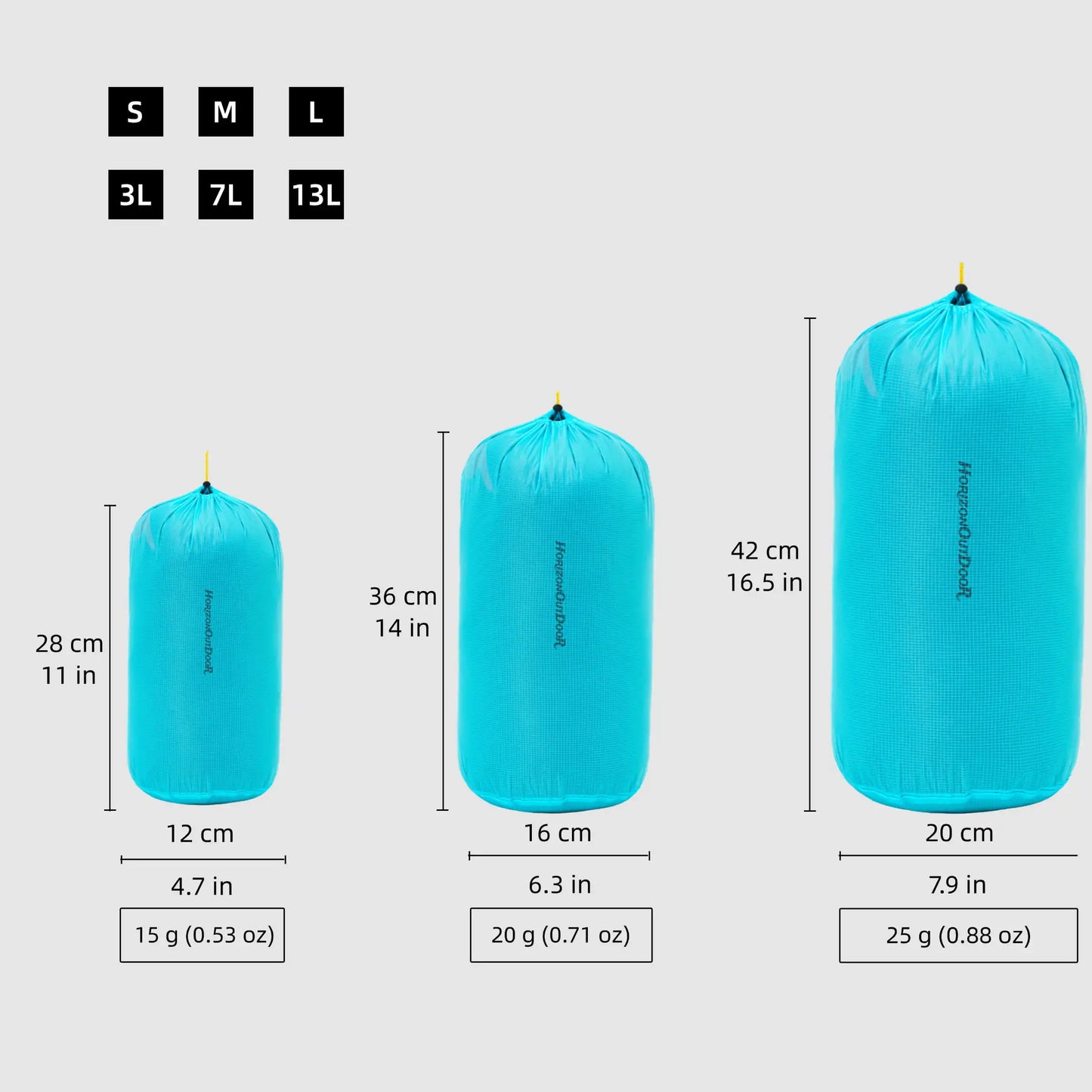 Comparison of S 3L, M 7L and L 13L silnylon ultralight stuff sacks with size and weight information