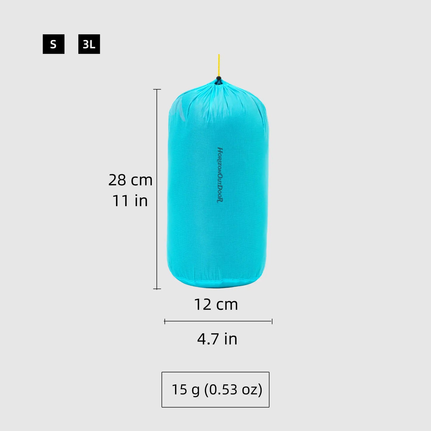 Silnylon ultralight stuff sack size S 3L with 12×28 cm dimensions and 15 g weight displayed