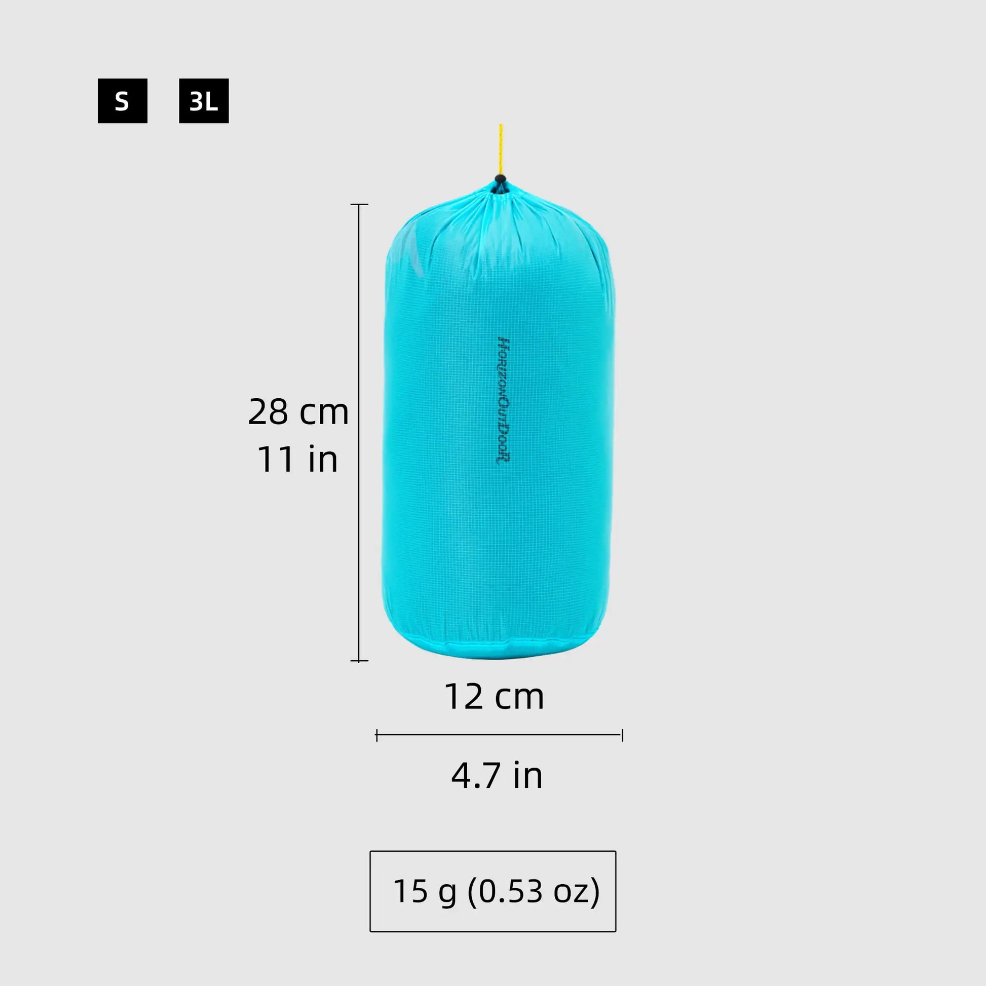 Silnylon ultralight stuff sack size S 3L with 12×28 cm dimensions and 15 g weight displayed