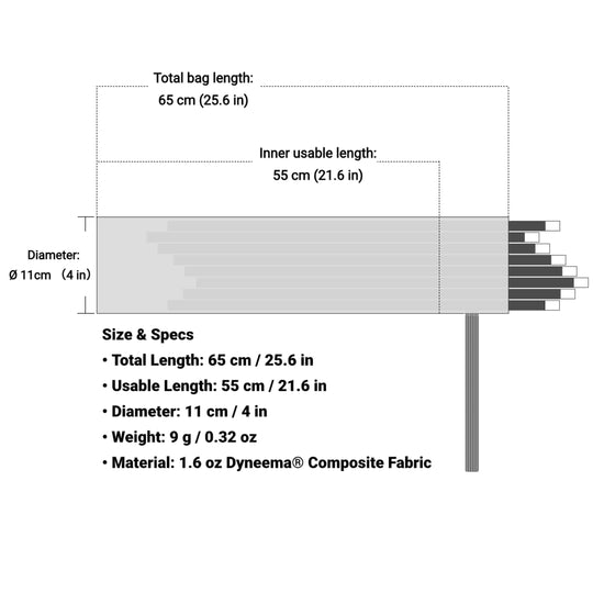 HODRGEAR StashLite Pole Bag technical diagram: 65cm length, 11cm diameter, 9g weight