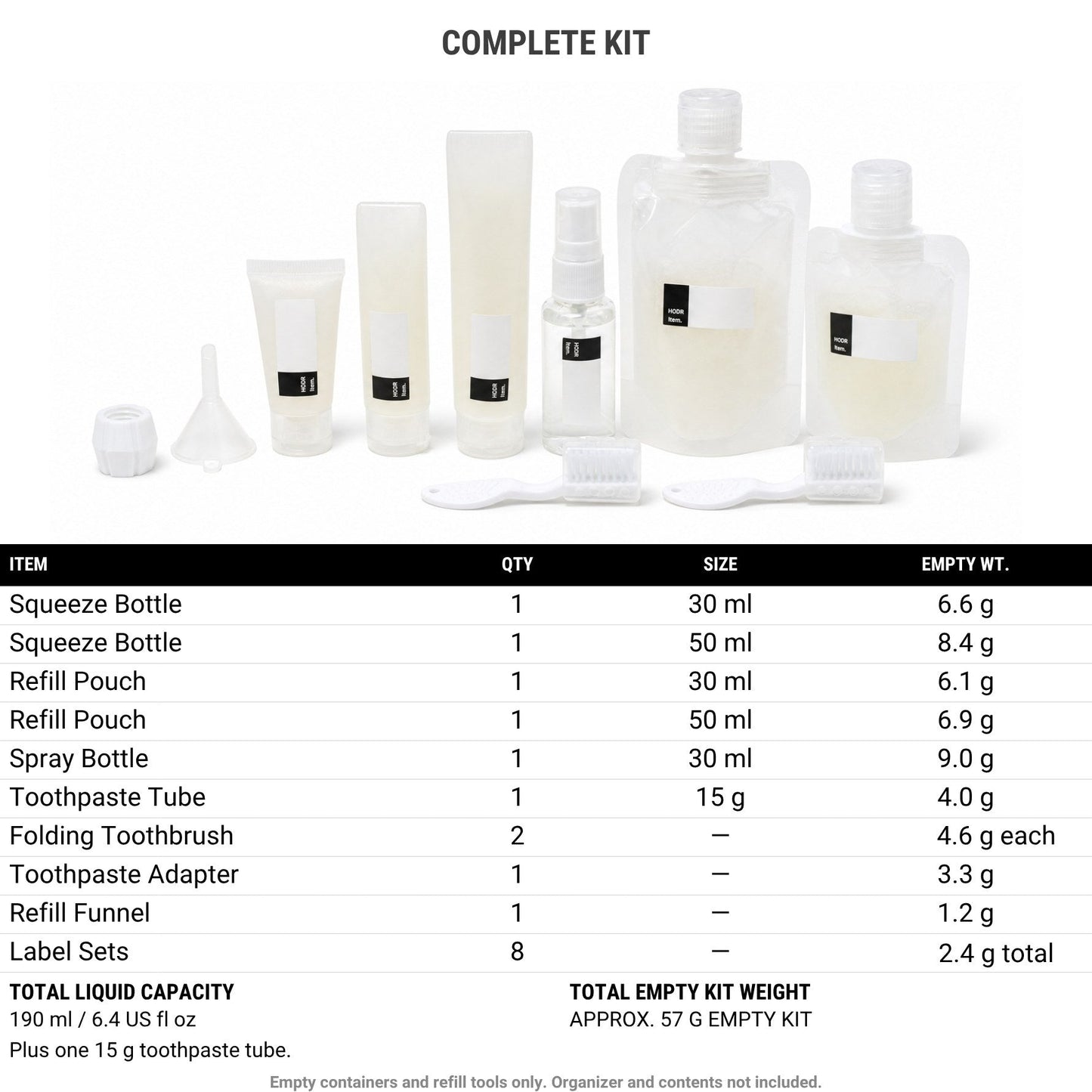 HODR Toiletry Refill Kit contents and specifications