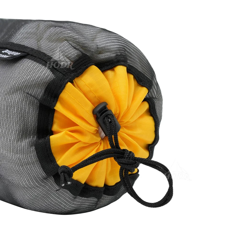 Ultralight mesh storage bag with yellow drawcord opening