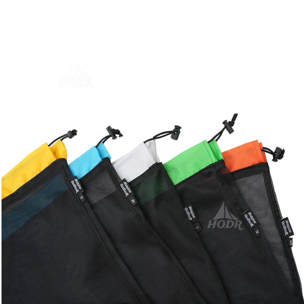 HODRGEAR ultralight mesh storage bags with colorful drawstring closures, various sizes