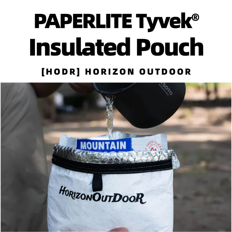 Tyvek insulated pouch with Mountain label, water poured, 20g ultralight by HODRGEAR