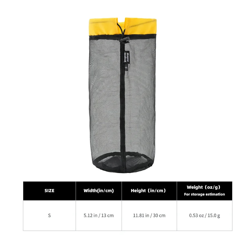 HODRGEAR S size ultralight mesh storage bag with yellow top, specifications