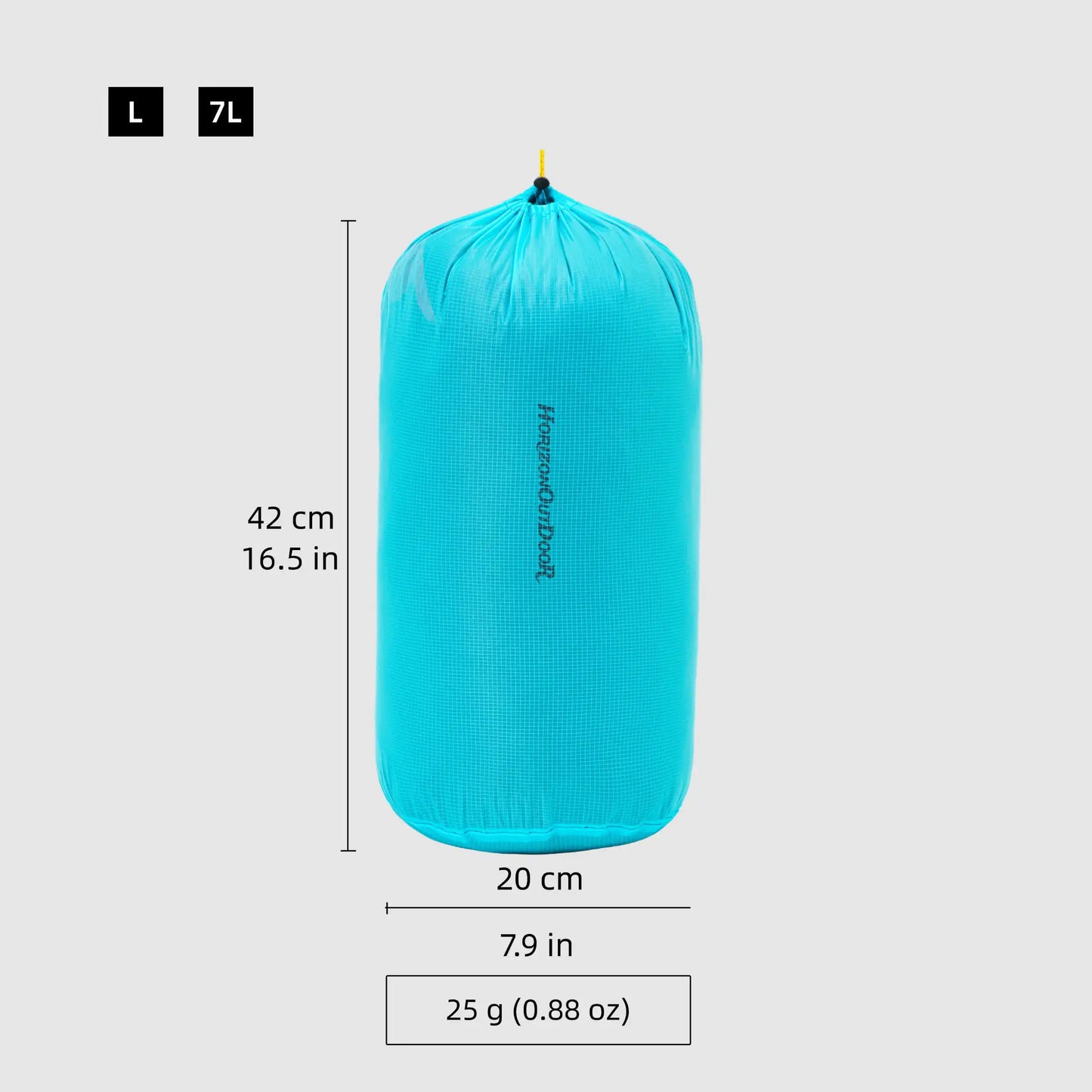 Silnylon ultralight stuff sack size L 13L with 20×42 cm dimensions and 25 g weight displayed