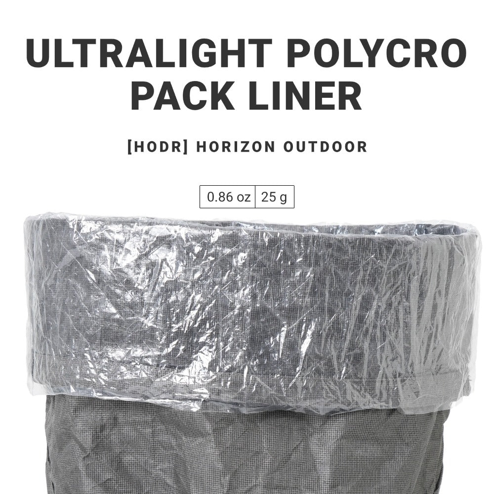 Ultralight polycro pack liner rolled over the top of a grey backpack with text showing 0.86 oz / 25 g weight