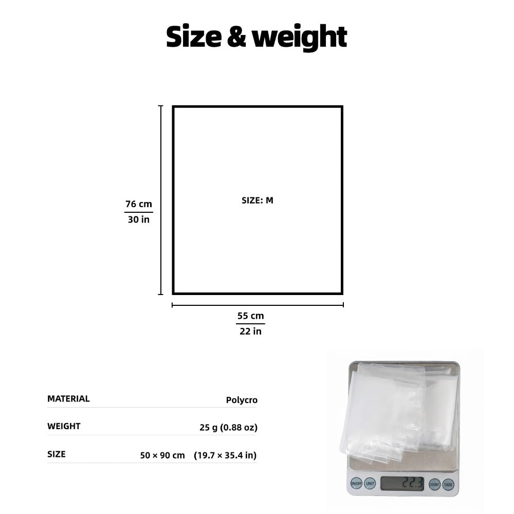 Ultralight Polycro pack liner, 25g, shown on digital scale with size diagram