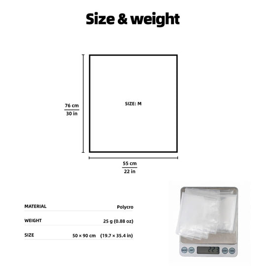 Ultralight Polycro pack liner, 25g, shown on digital scale with size diagram