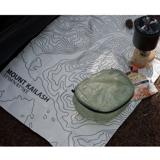 HODRGEAR PapaerLite Tyvek vestibule mat, camping setup with Mount Kailash map