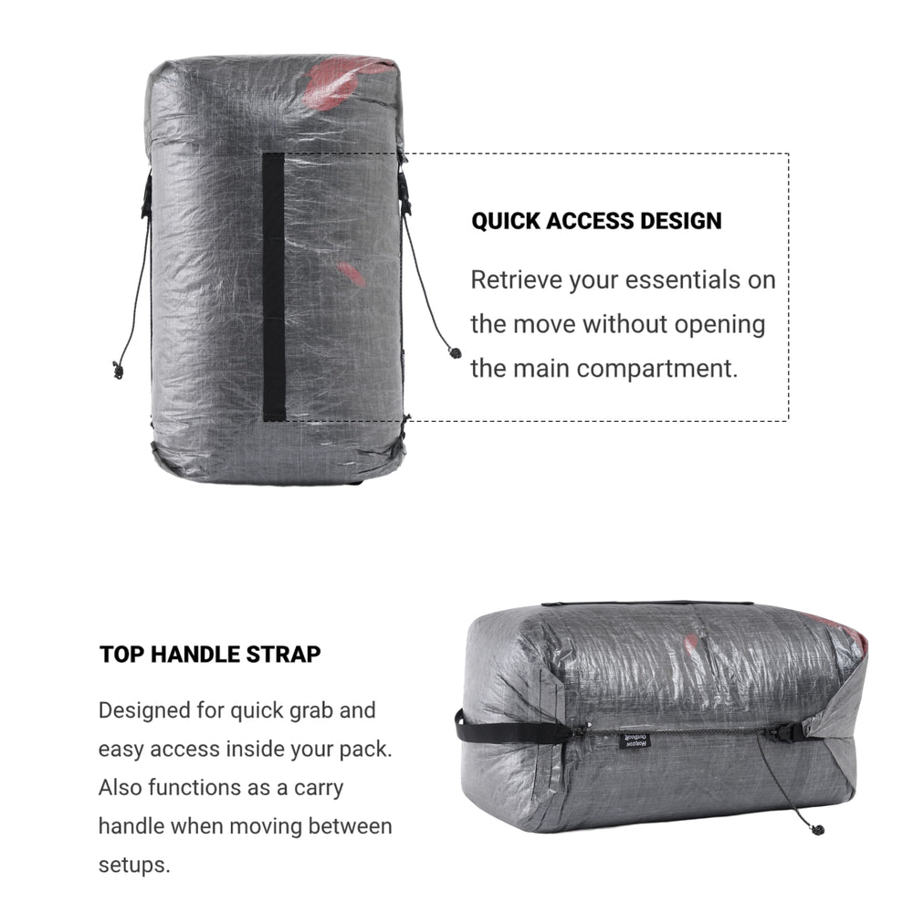 Dyneema stuff sack with quick-access webbing strap for fast retrieval
