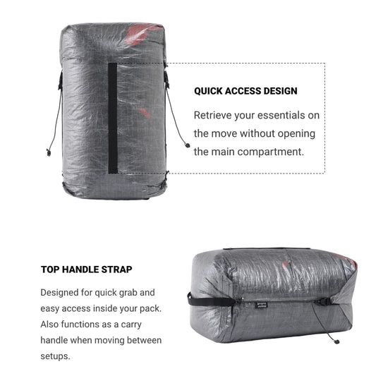 Dyneema stuff sack with quick-access webbing strap for fast retrieval